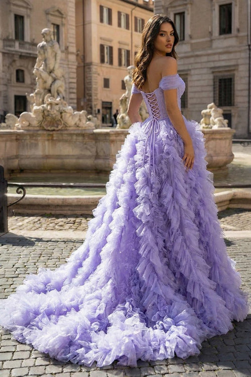 A Line Off the Shoulder Ruffled Tulle Prom Dress with Slit