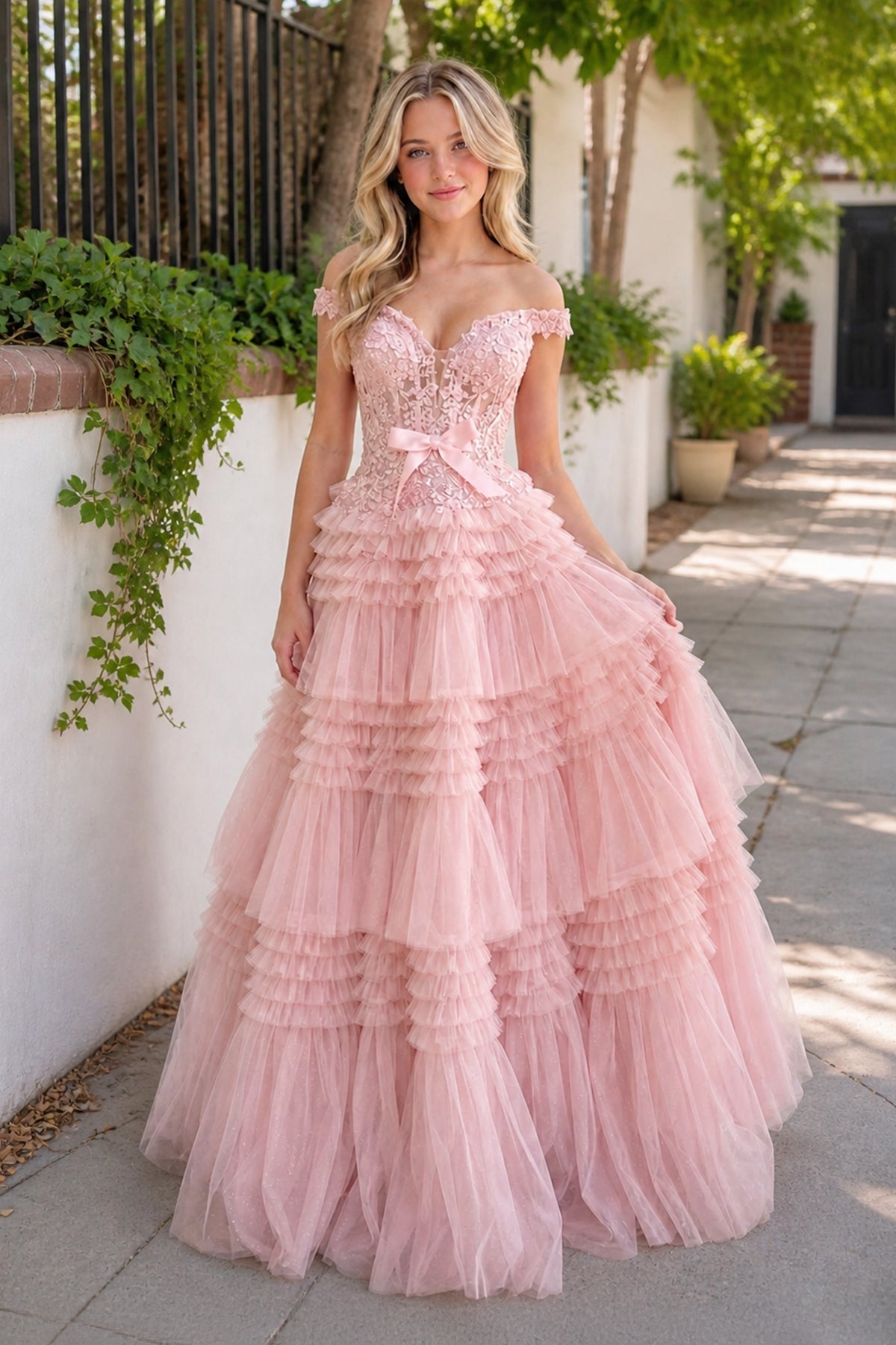 Pink A Line Tulle Ruffles Off the Shoulder Long Prom Dresses with Bow