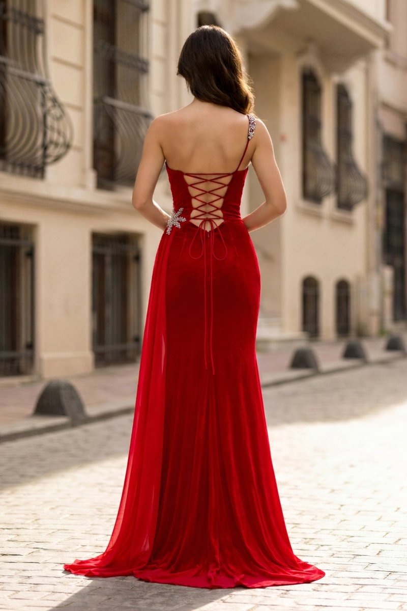 Black Rhinestone One Shoulder A Line Prom Dress with Slit