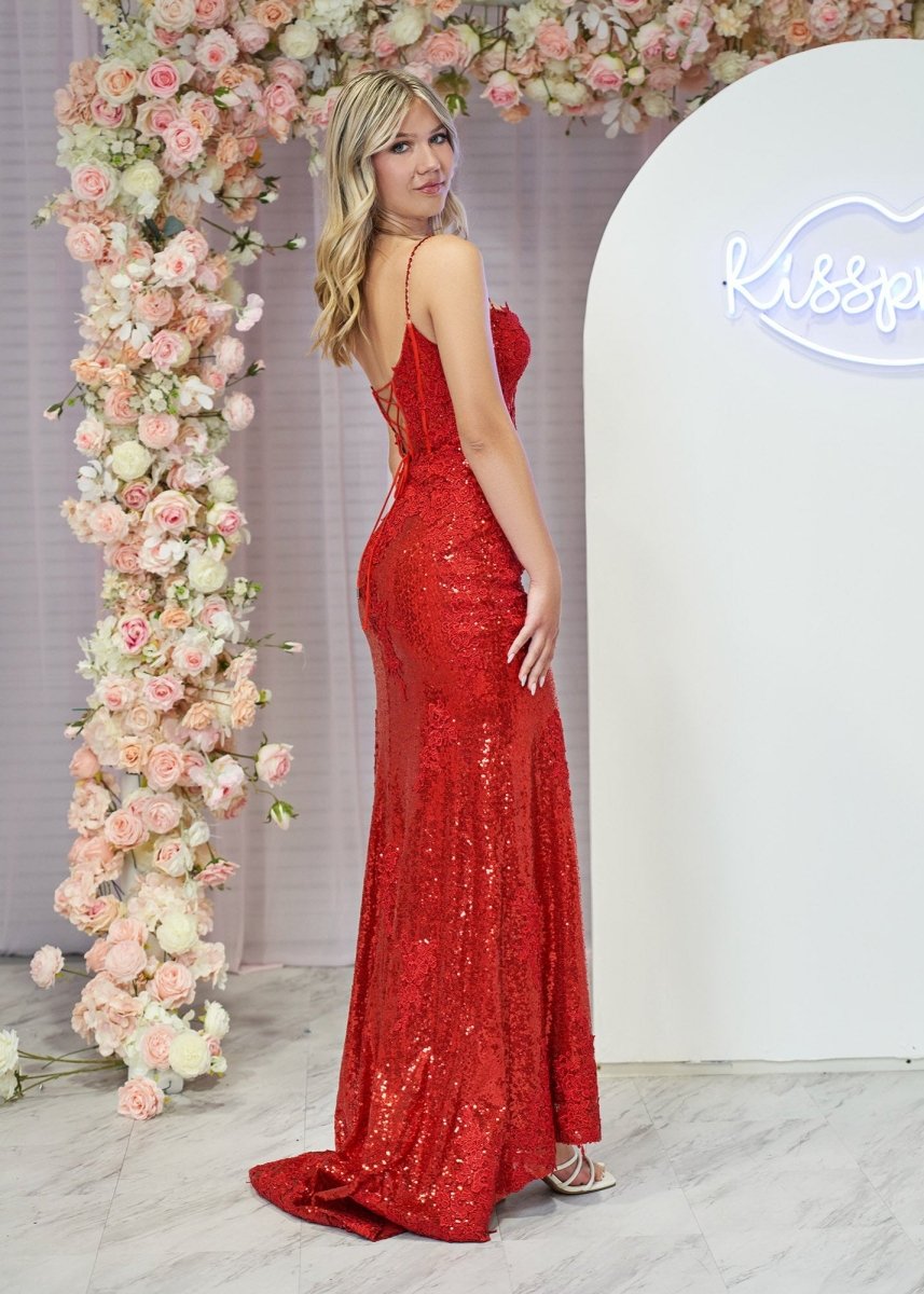 Mermaid Spaghetti Straps Appliques Prom Dress with Slit