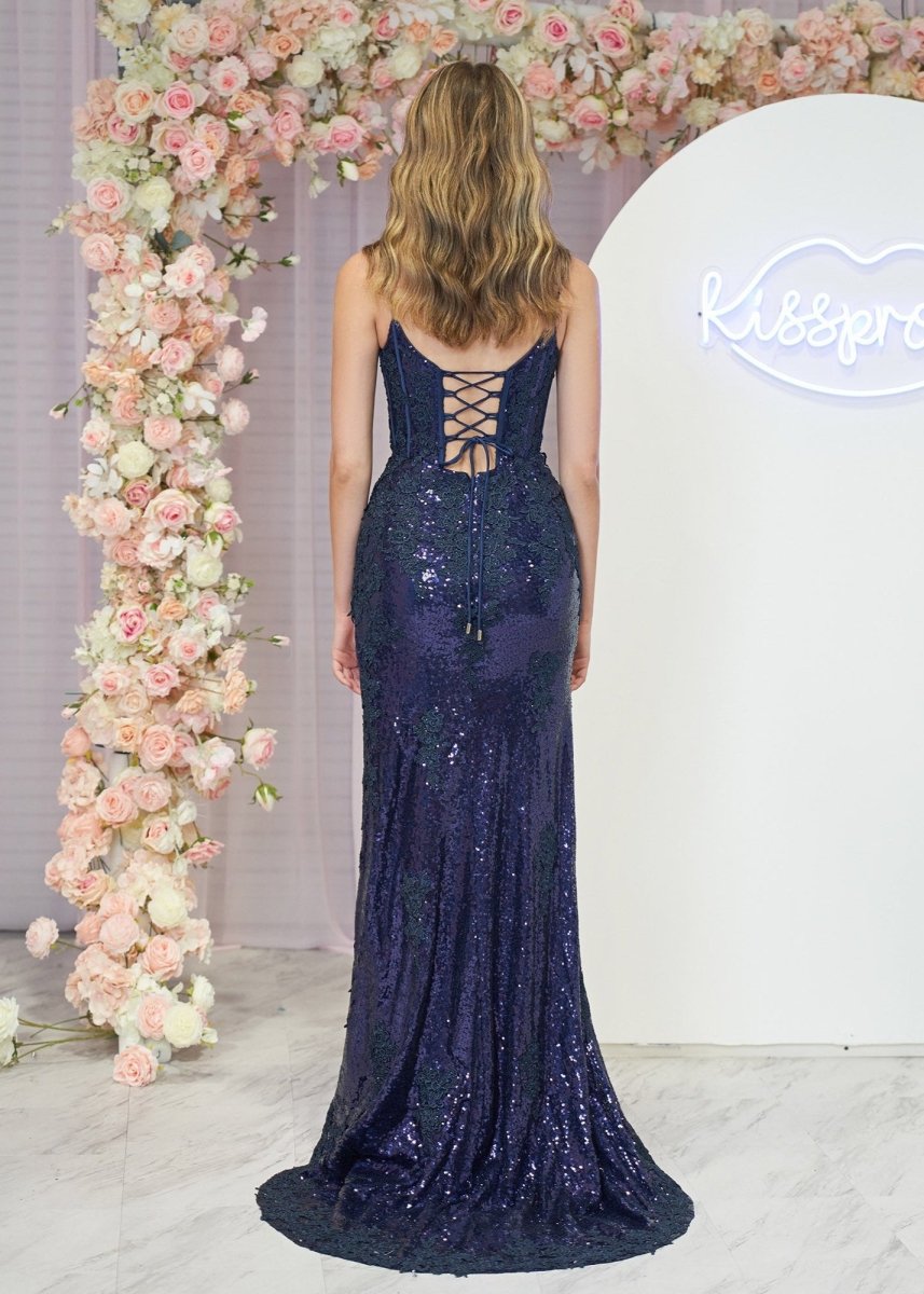 Mermaid Spaghetti Straps Appliques Prom Dress with Slit