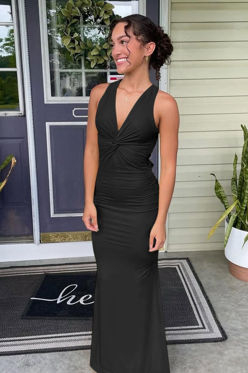 Pink Halter Mermaid Pleated Open Back Long Prom Dresses