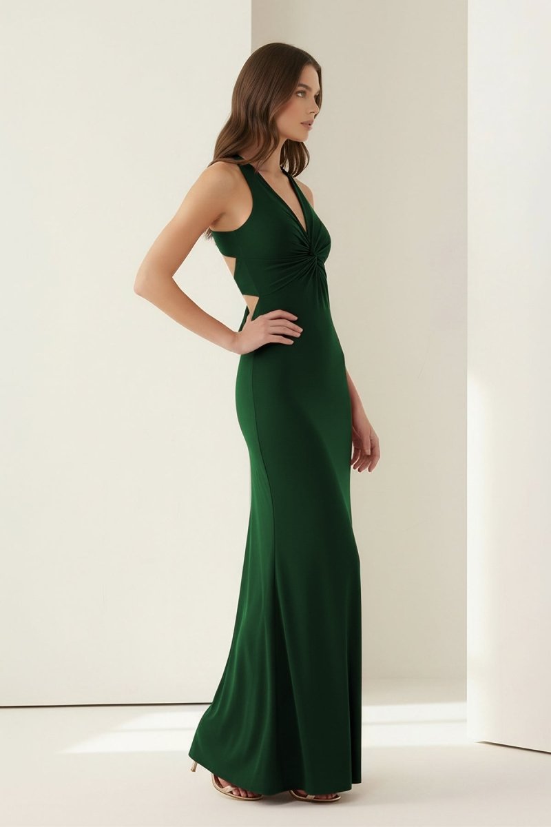 Pink Halter Mermaid Pleated Open Back Long Prom Dresses