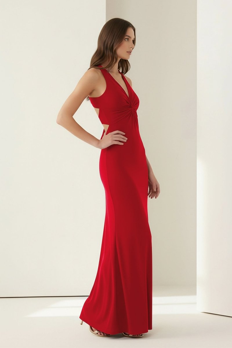 Pink Halter Mermaid Pleated Open Back Long Prom Dresses