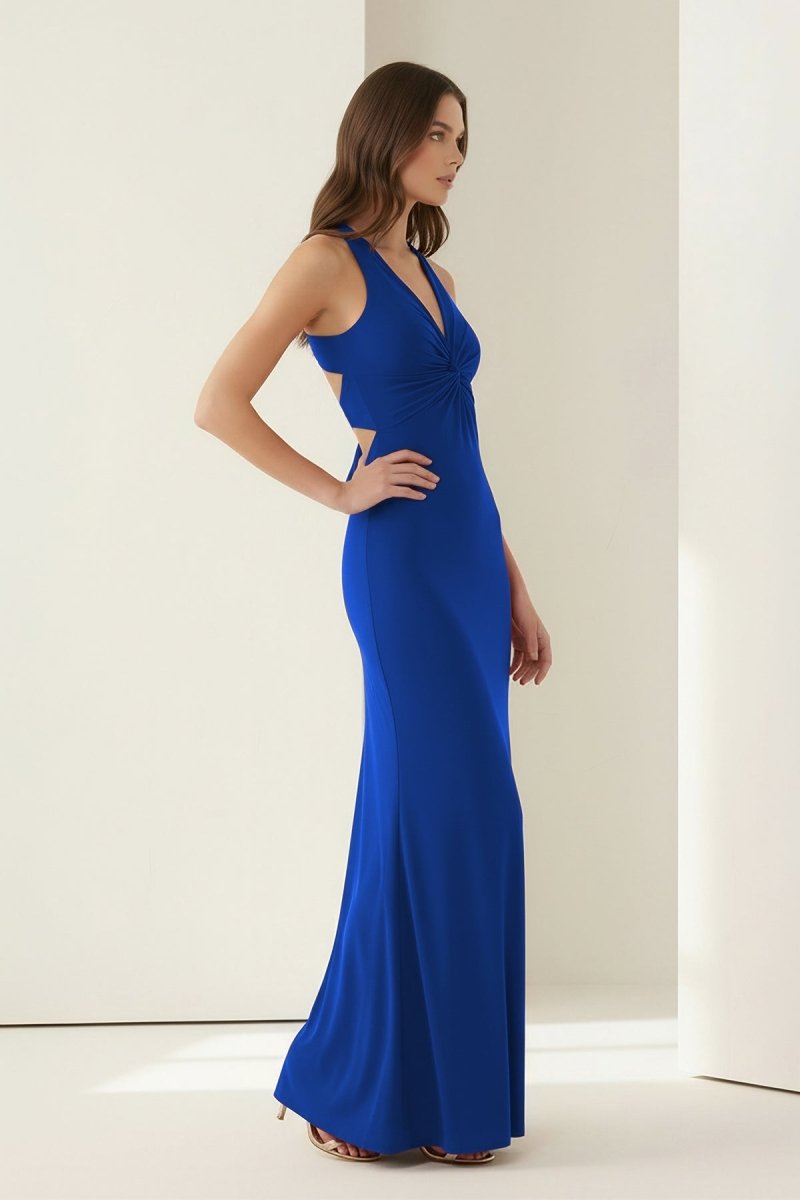 Pink Halter Mermaid Pleated Open Back Long Prom Dresses