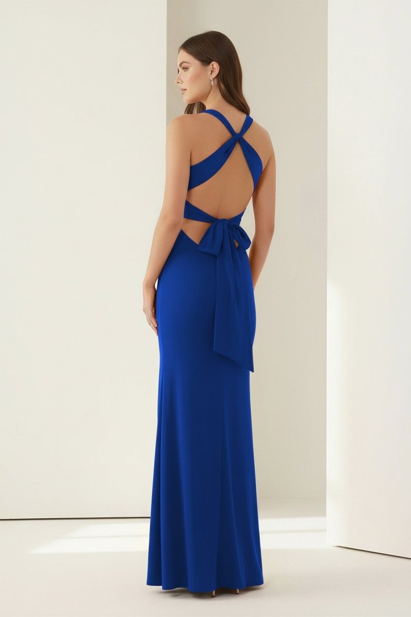 Pink Halter Mermaid Pleated Open Back Long Prom Dresses