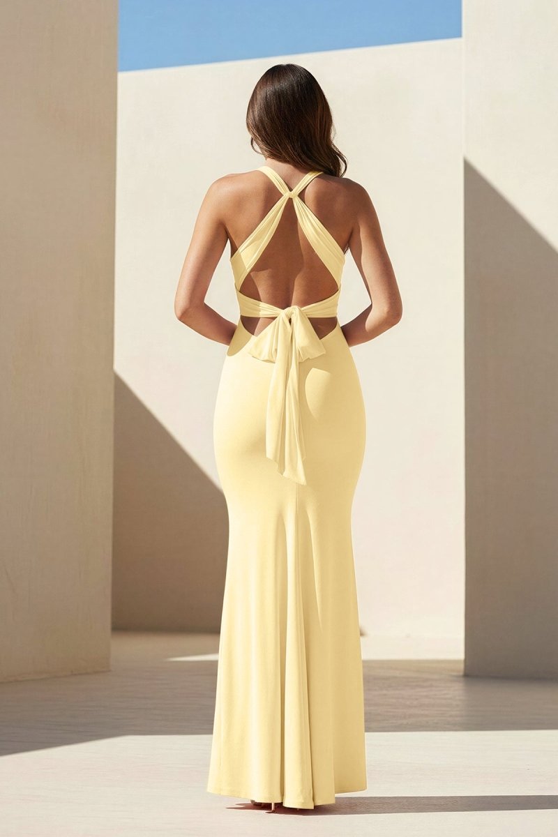 Pink Halter Mermaid Pleated Open Back Long Prom Dresses