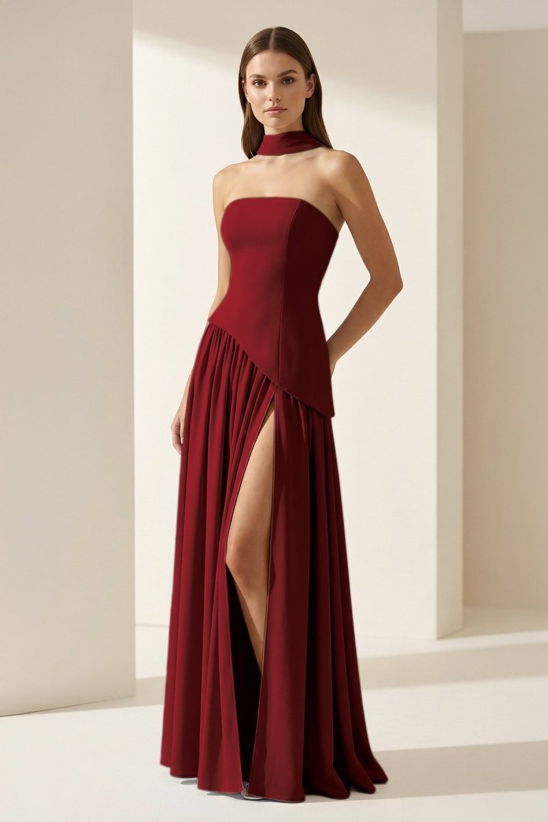Pink - Strapless Sheath Chiffon Long Prom Dresses With Slit