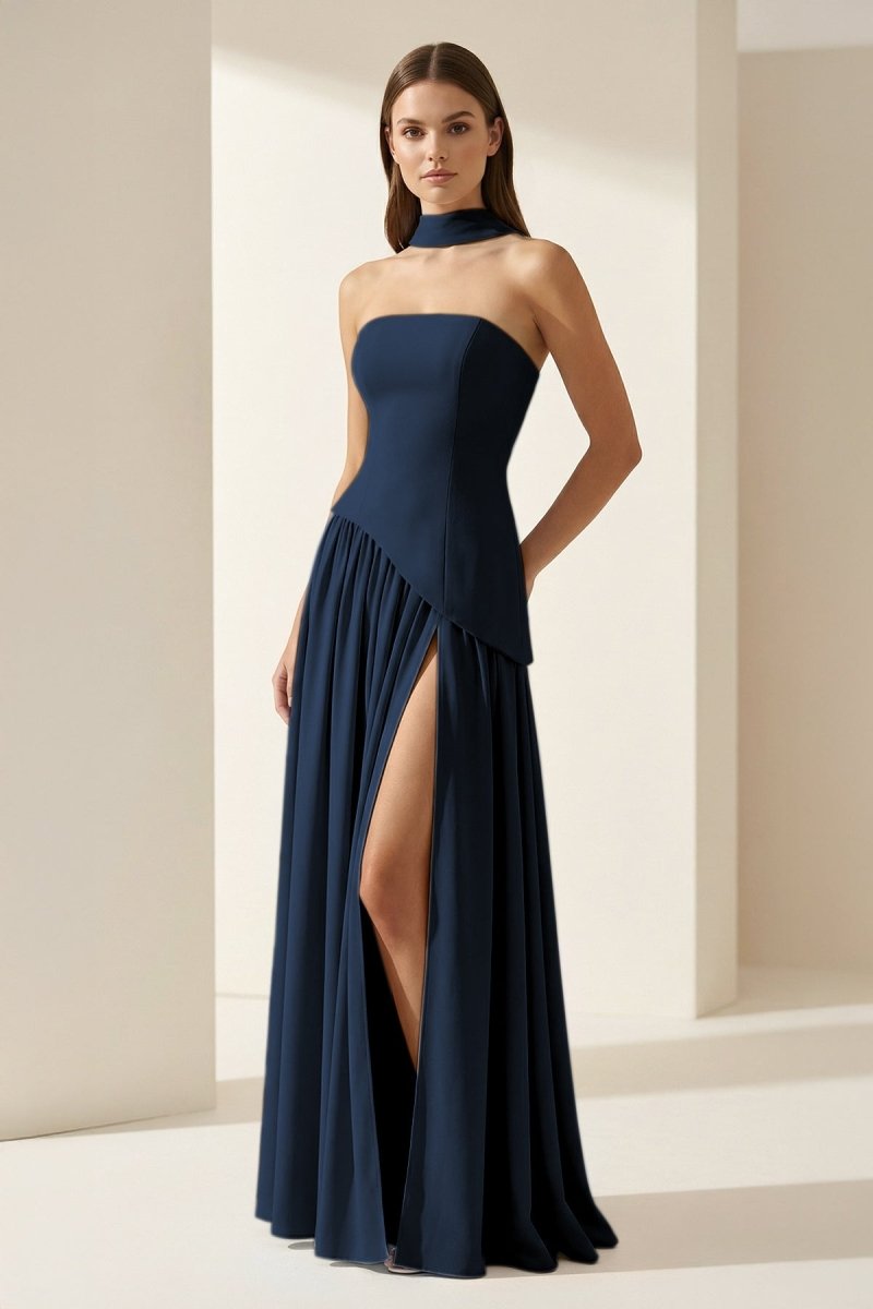 Pink - Strapless Sheath Chiffon Long Prom Dresses With Slit