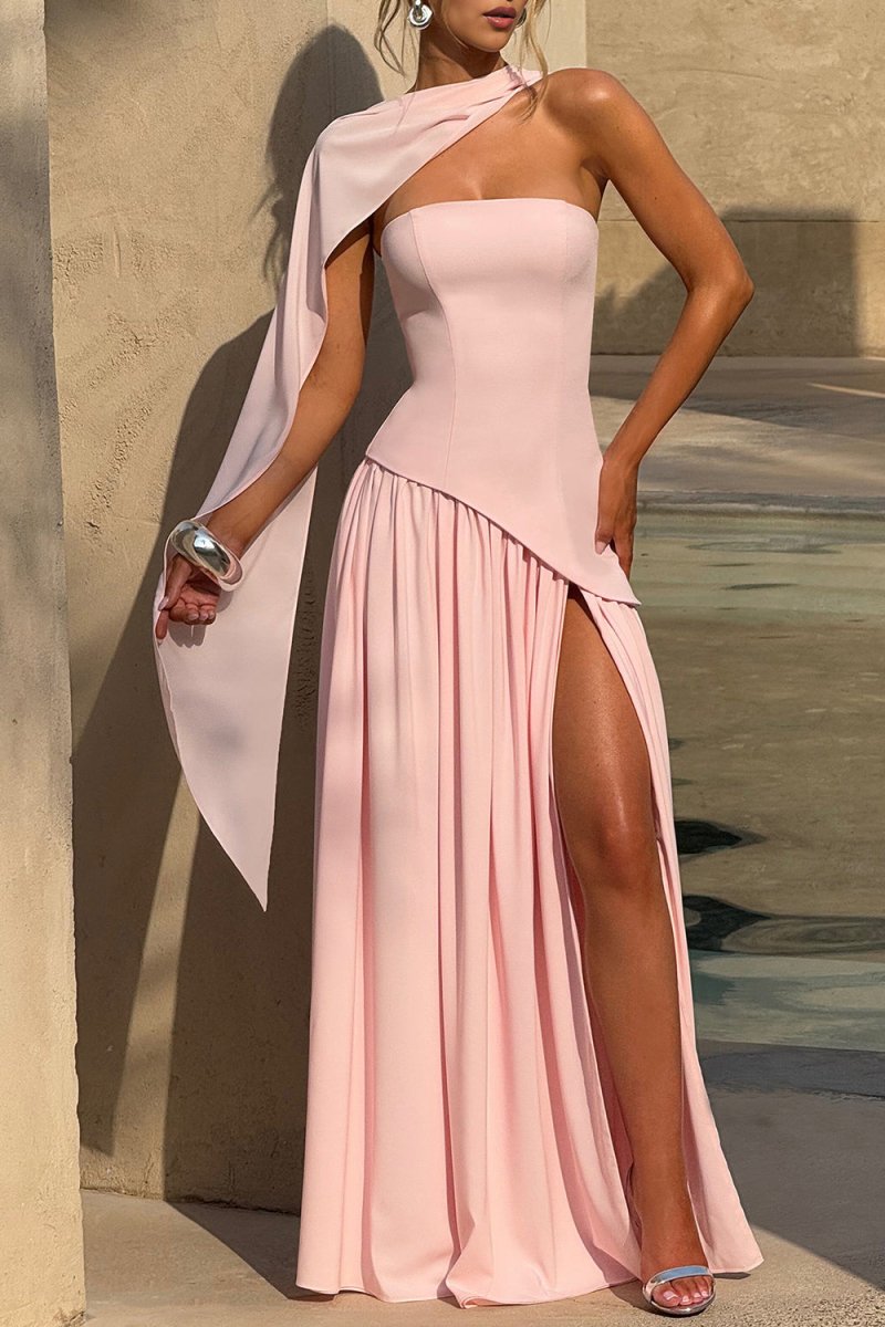 Pink - Strapless Sheath Chiffon Long Prom Dresses With Slit