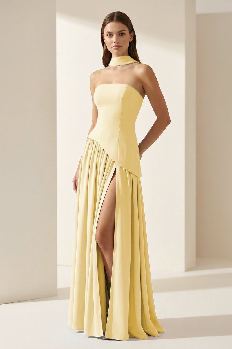 Pink - Strapless Sheath Chiffon Long Prom Dresses With Slit
