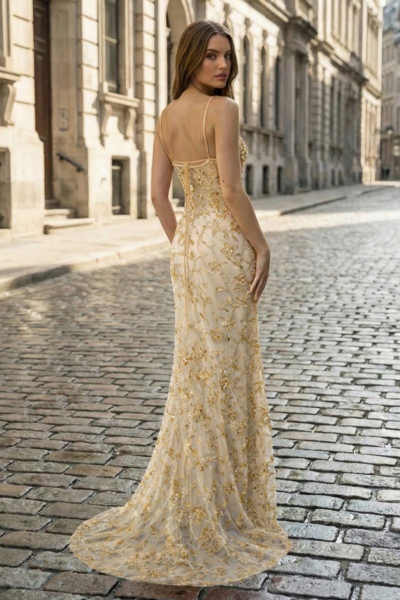 Champagne - Spaghetti Straps Mermaid Sequined Lace Long Formal Prom Dresses