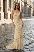 Champagne - Spaghetti Straps Mermaid Sequined Lace Long Formal Prom Dresses