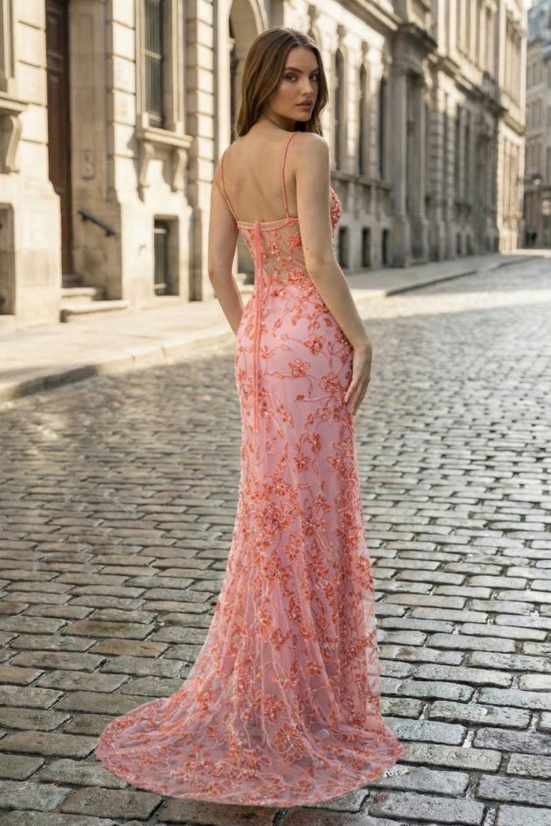 Pink - Spaghetti Straps Mermaid Sequined Lace Long Formal Prom Dresses