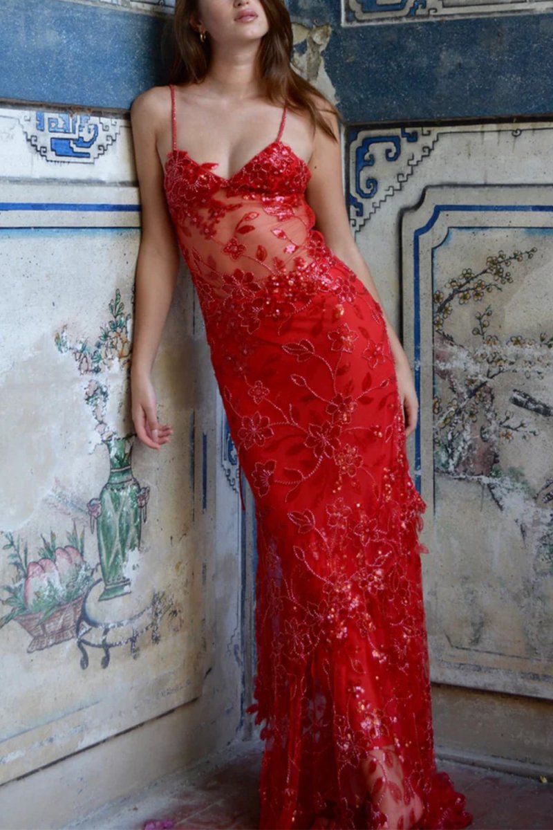 Red - Spaghetti Straps Mermaid Sequined Lace Long Formal Prom Dresses