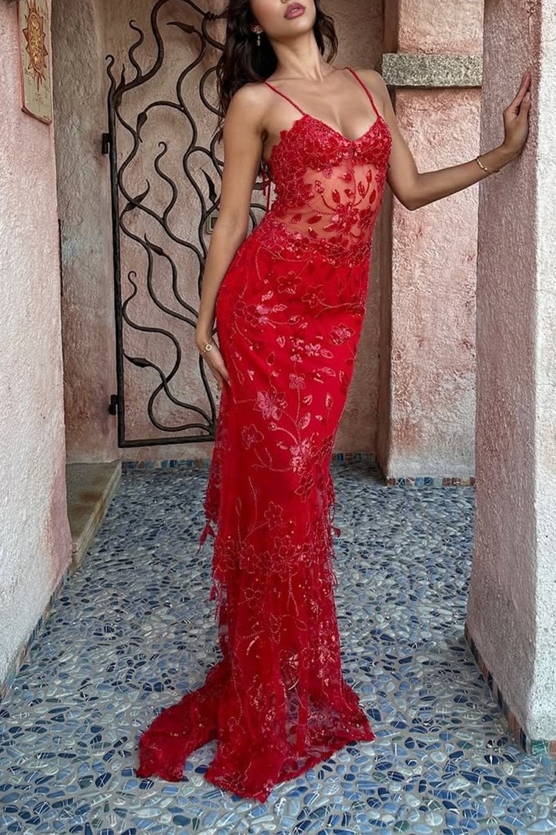 Red - Spaghetti Straps Mermaid Sequined Lace Long Formal Prom Dresses