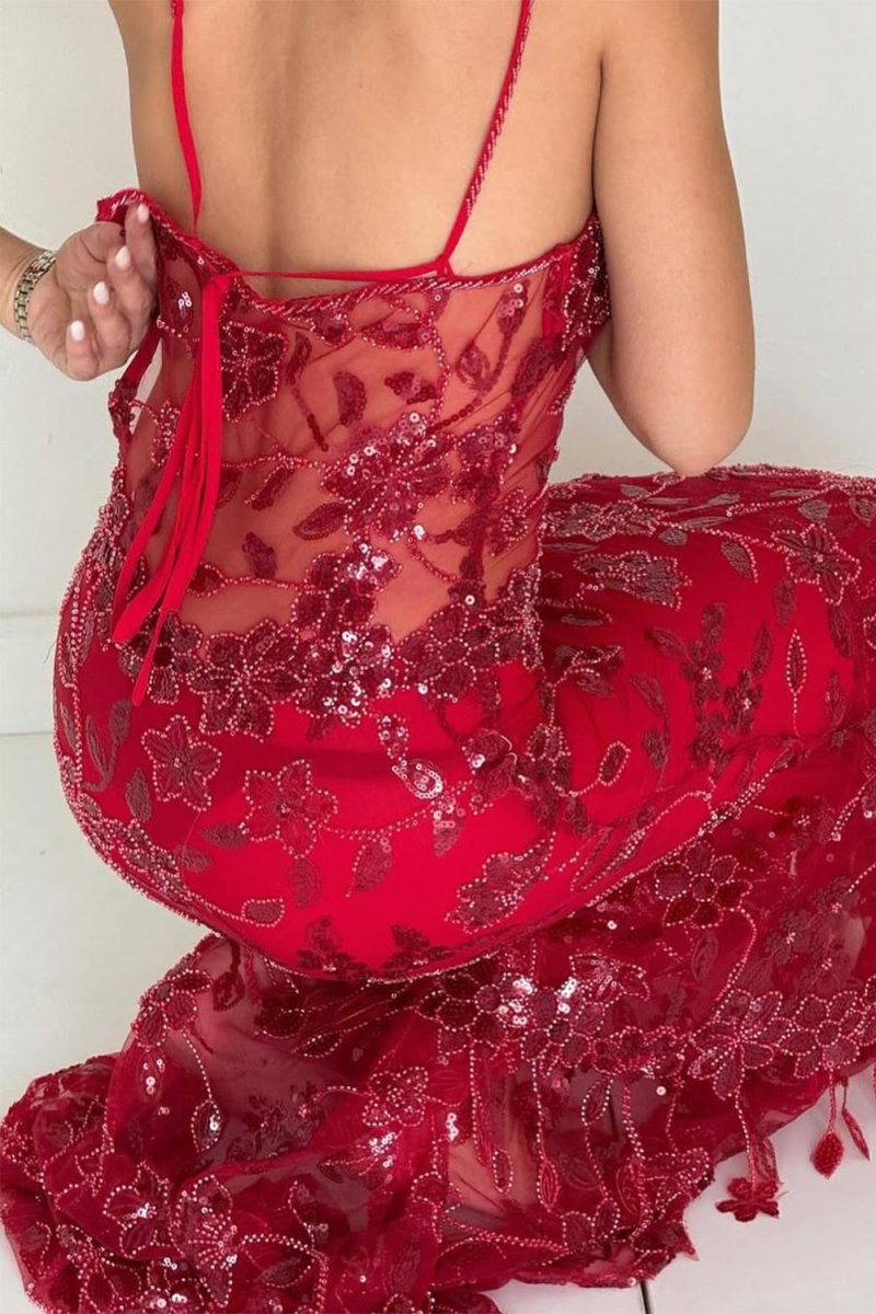 Red - Spaghetti Straps Mermaid Sequined Lace Long Formal Prom Dresses