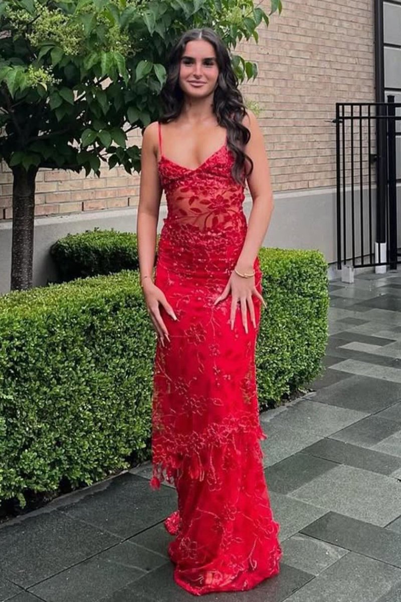 Red - Spaghetti Straps Mermaid Sequined Lace Long Formal Prom Dresses