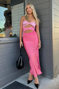 Pink - Strapless Sheath Satin Prom Dresses With Cutout