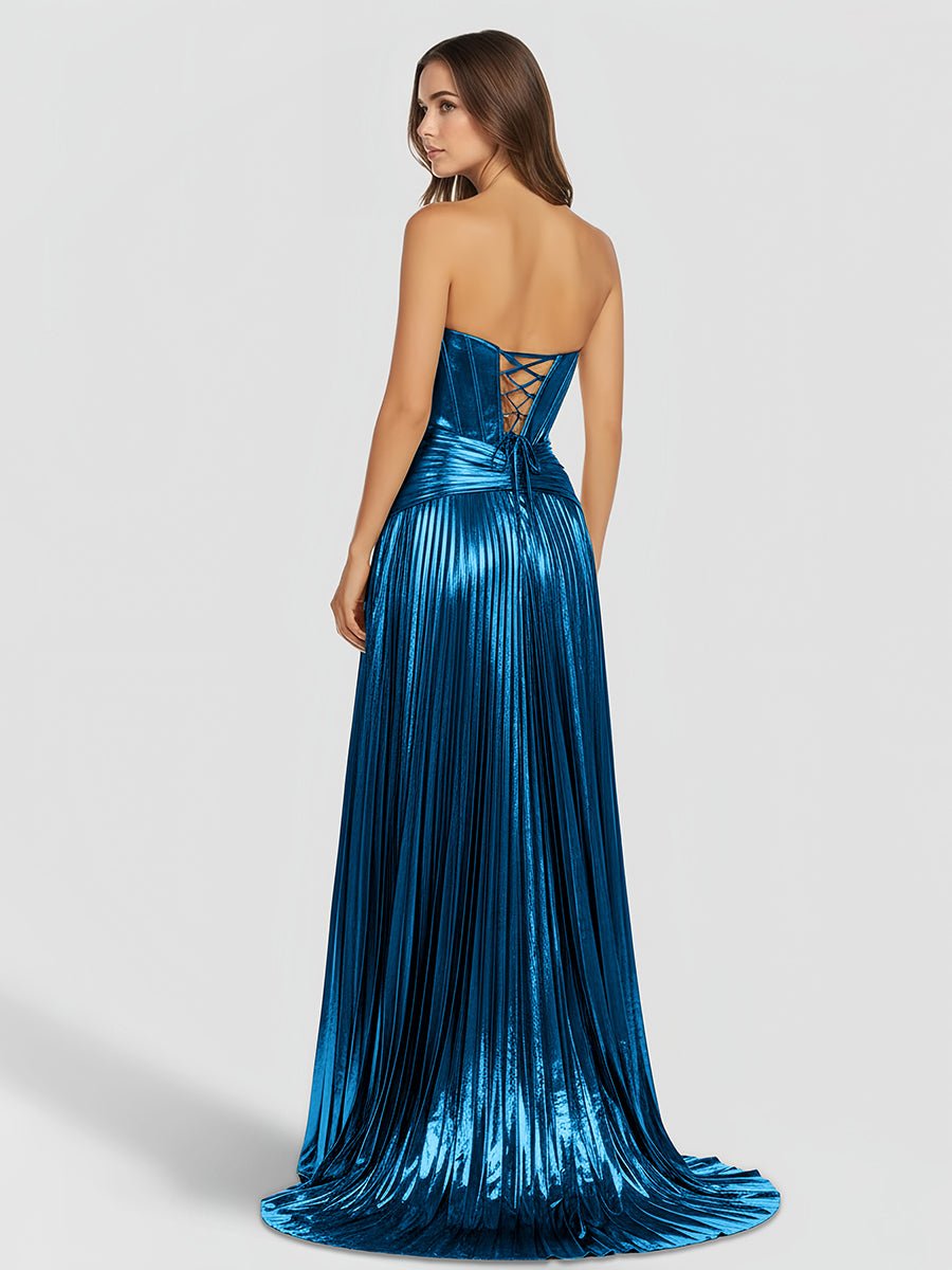 Sweetheart Metallic Pleated Long Formal Dress With Slit