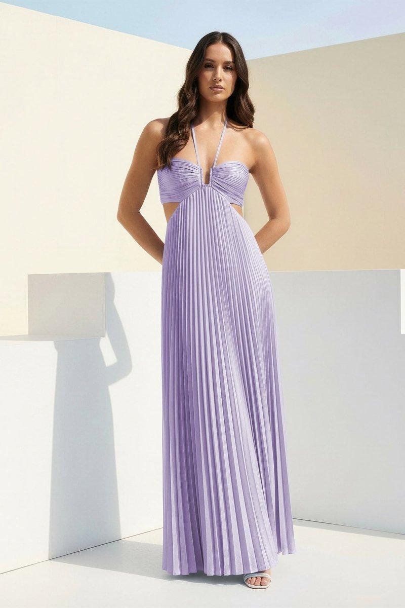 Sky Blue Halter Pleated Satin A Line Prom Dresses With Cutout