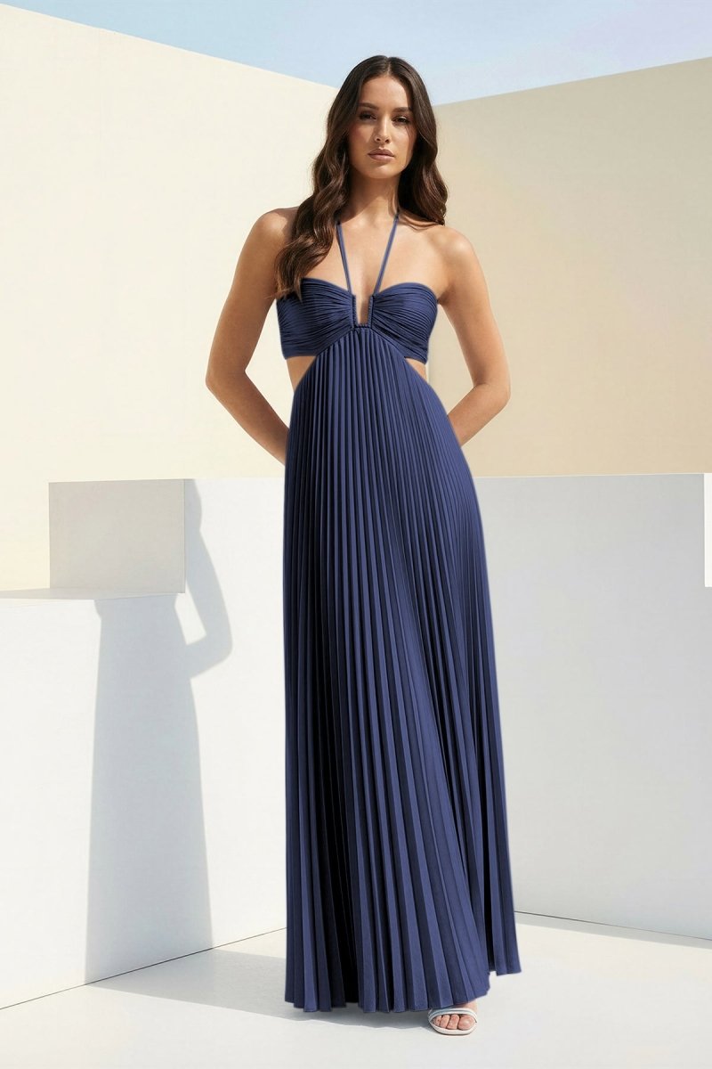 Sky Blue Halter Pleated Satin A Line Prom Dresses With Cutout