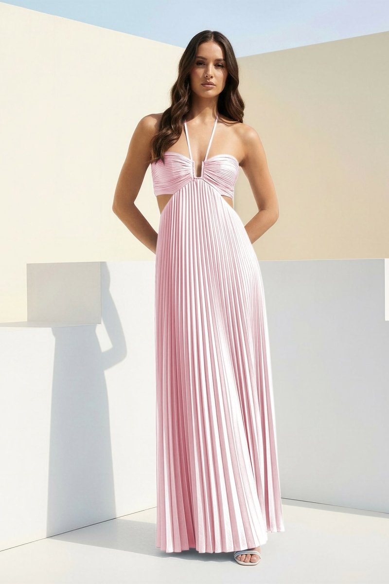 Sky Blue Halter Pleated Satin A Line Prom Dresses With Cutout