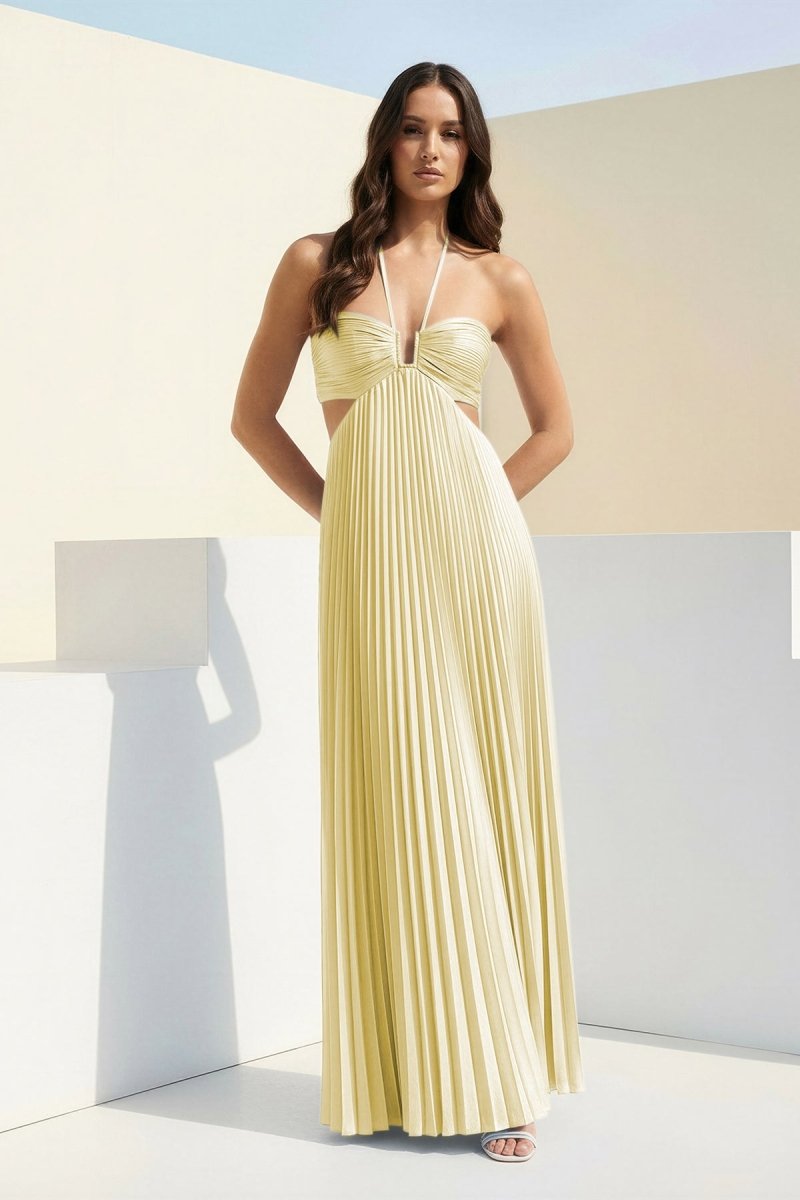 Sky Blue Halter Pleated Satin A Line Prom Dresses With Cutout