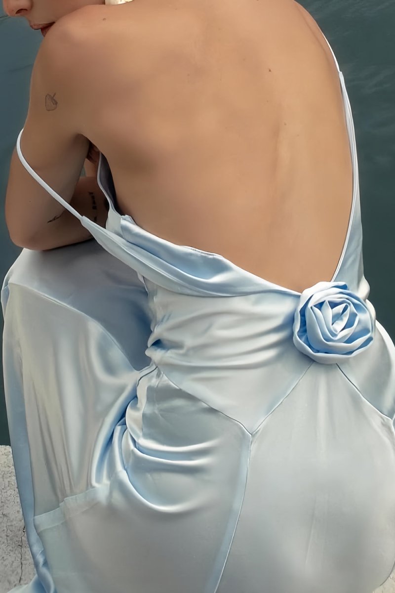 Sky Blue Spaghetti Straps Sheath Satin Backless Long Formal Prom Dresses With Flower