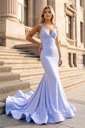 Mermaid V Neck Beaded Satin Prom Dress
