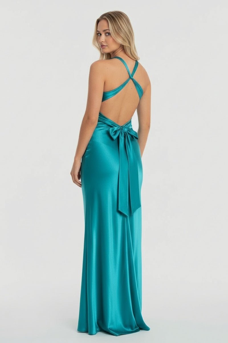 Turquoise - Halter V-Neck Pleated Satin Sleeveless Long Prom Party Dress