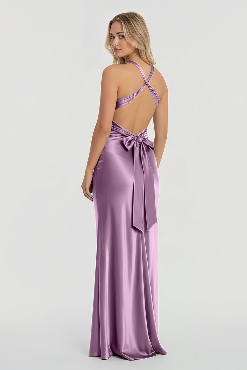 Turquoise - Halter V-Neck Pleated Satin Sleeveless Long Prom Party Dress