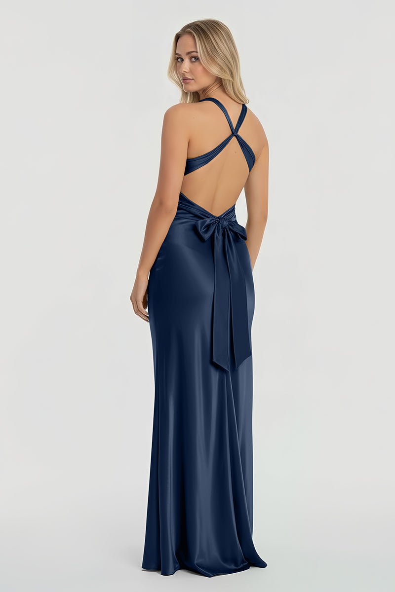 Turquoise - Halter V-Neck Pleated Satin Sleeveless Long Prom Party Dress