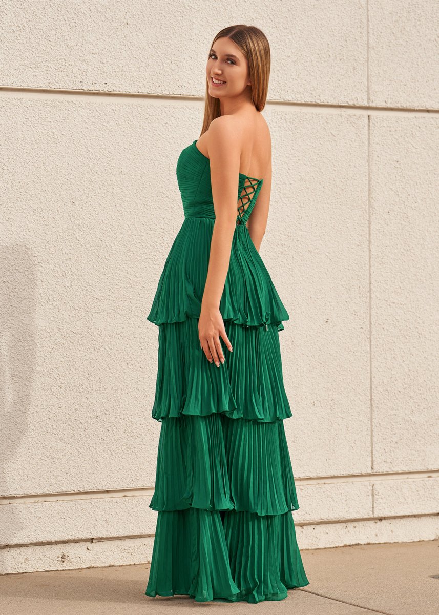Strapless Emerald Green Ruffle Multi-Layer Long Prom Dress
