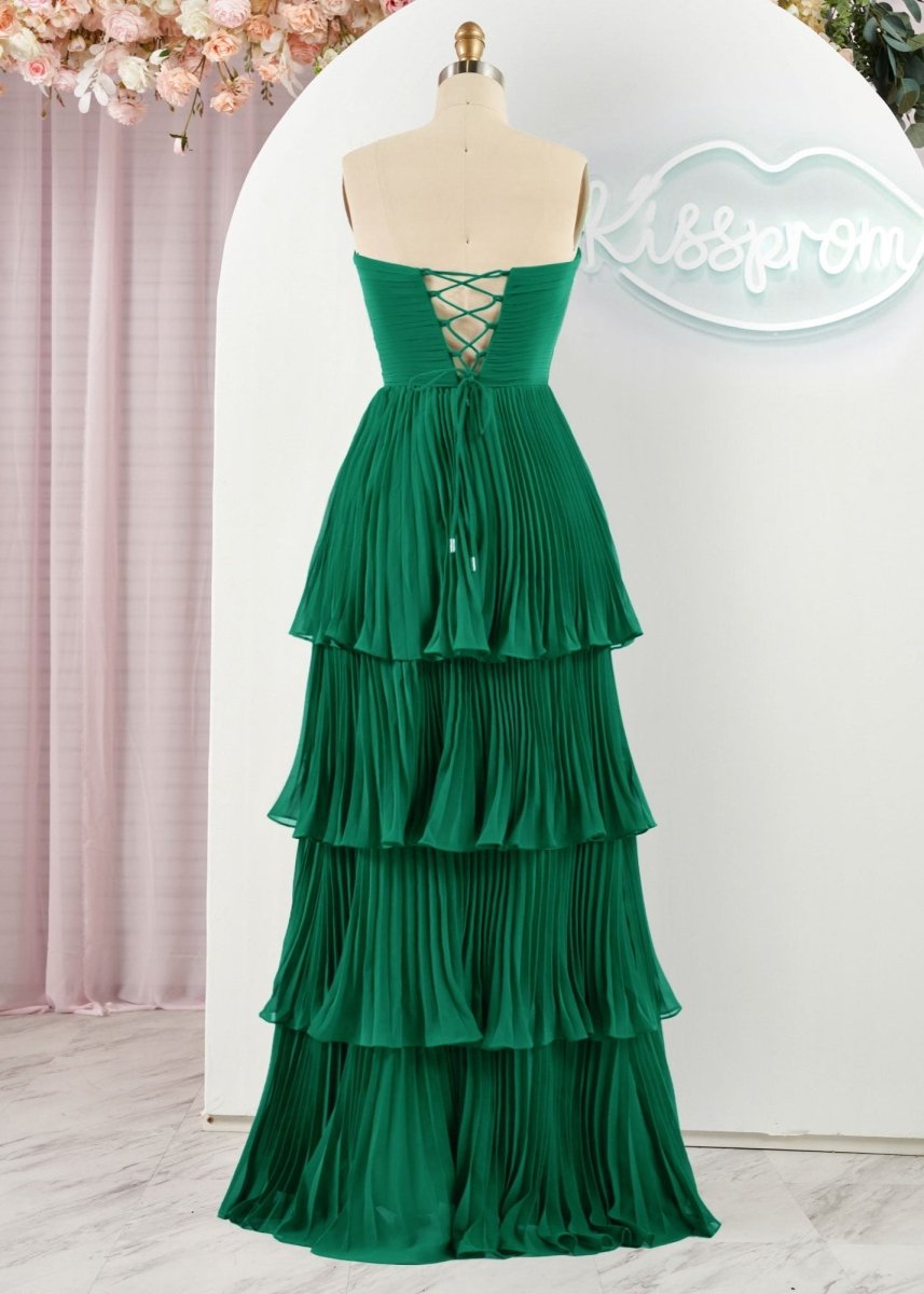 Strapless Emerald Green Ruffle Multi-Layer Long Prom Dress