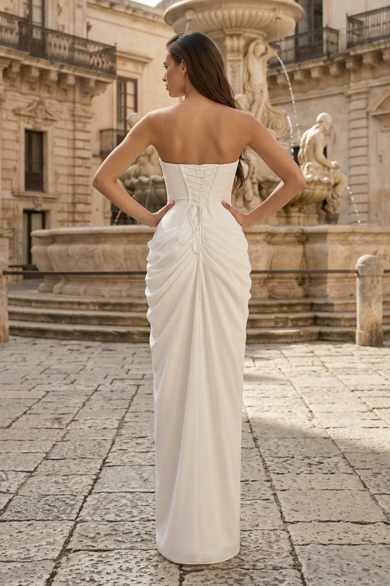 Sky Blue Strapless Sheath Chiffon Pleated Long Prom Dress with Slit