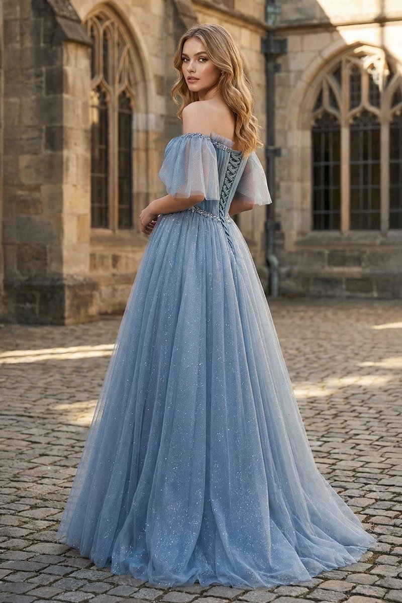 Off The Shoulder Tulle Flare Sleeves Beaded Sequin Prom Dresses Formal Evening Dresses