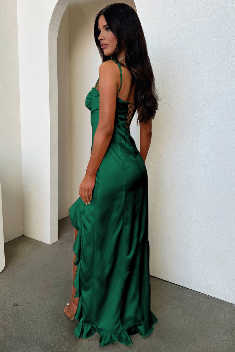 Yellow Sheath Satin Spaghetti Straps Long Prom Dresses with Ruffles