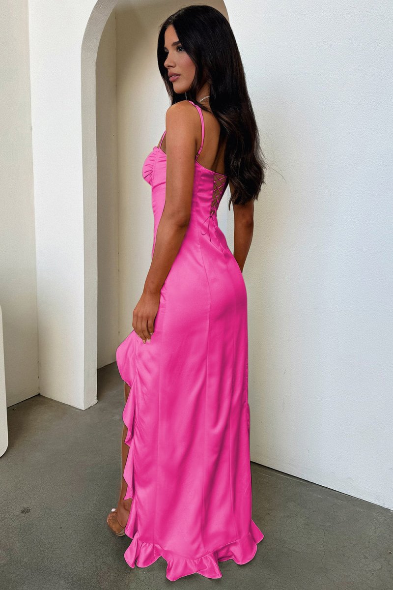 Yellow Sheath Satin Spaghetti Straps Long Prom Dresses with Ruffles