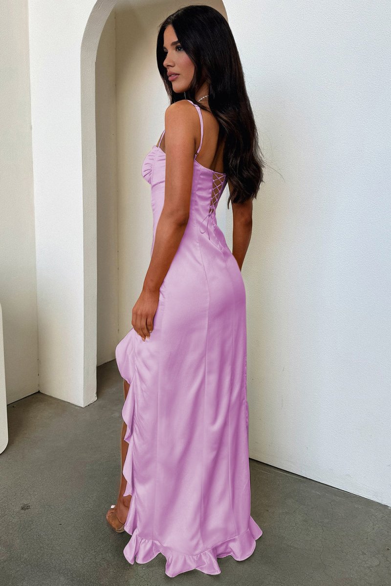 Yellow Sheath Satin Spaghetti Straps Long Prom Dresses with Ruffles