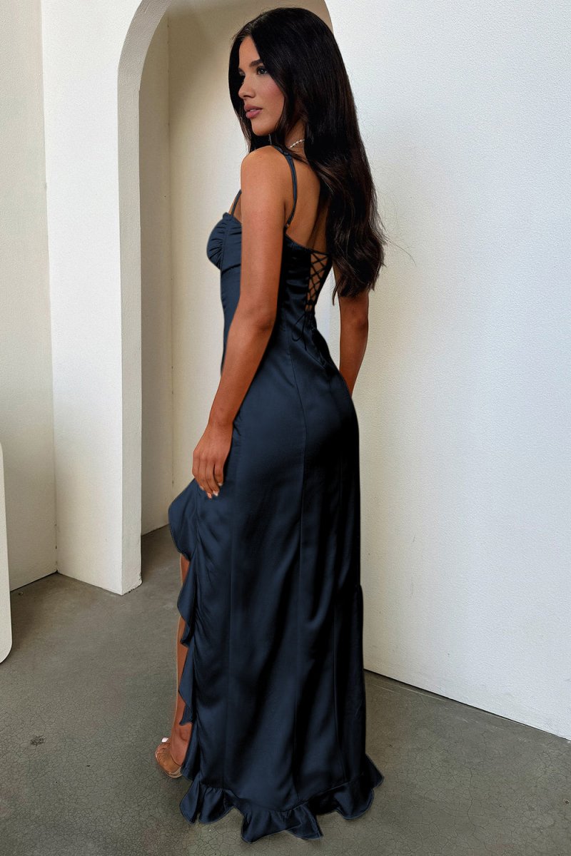 Yellow Sheath Satin Spaghetti Straps Long Prom Dresses with Ruffles