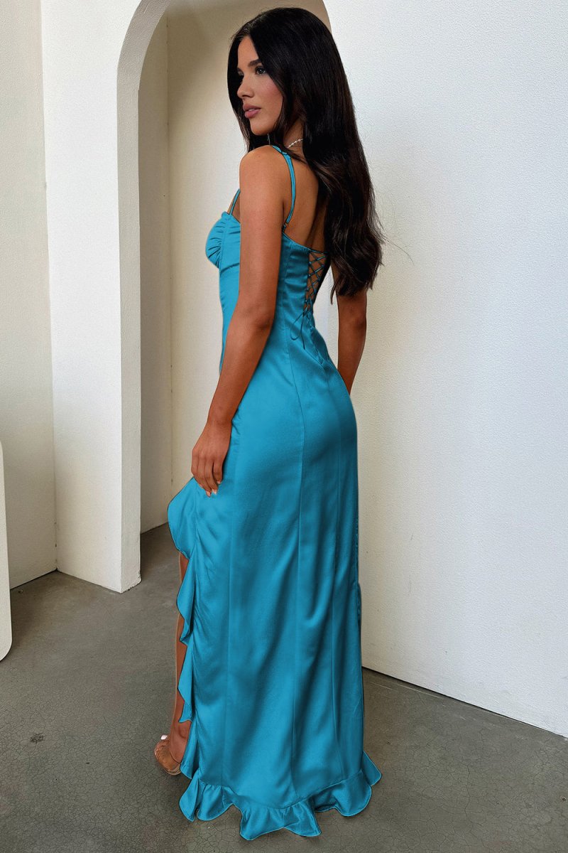 Yellow Sheath Satin Spaghetti Straps Long Prom Dresses with Ruffles