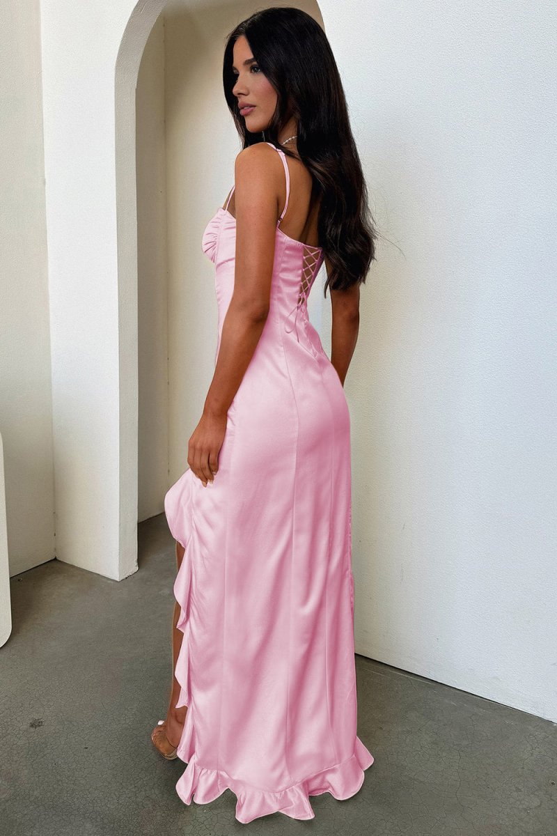 Yellow Sheath Satin Spaghetti Straps Long Prom Dresses with Ruffles