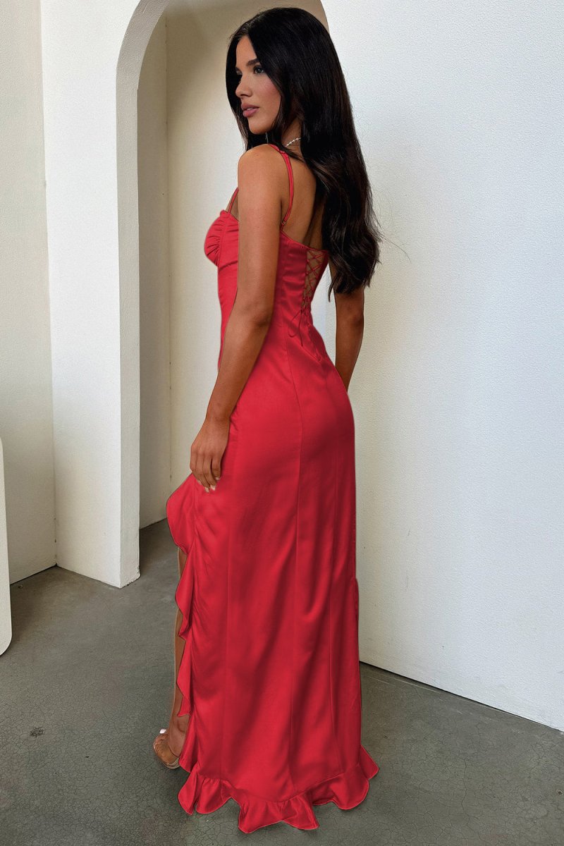 Yellow Sheath Satin Spaghetti Straps Long Prom Dresses with Ruffles