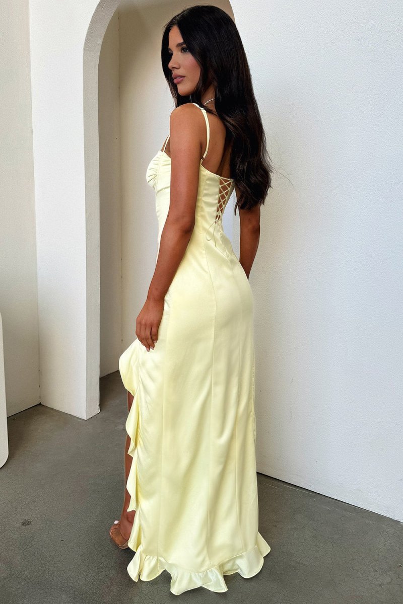 Yellow Sheath Satin Spaghetti Straps Long Prom Dresses with Ruffles