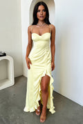Yellow Sheath Satin Spaghetti Straps Long Prom Dresses with Ruffles