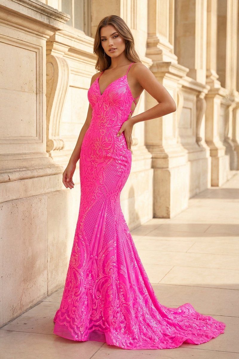 Spaghetti Straps Pink Glitter Backless Mermaid Bodycon Long Prom Dress