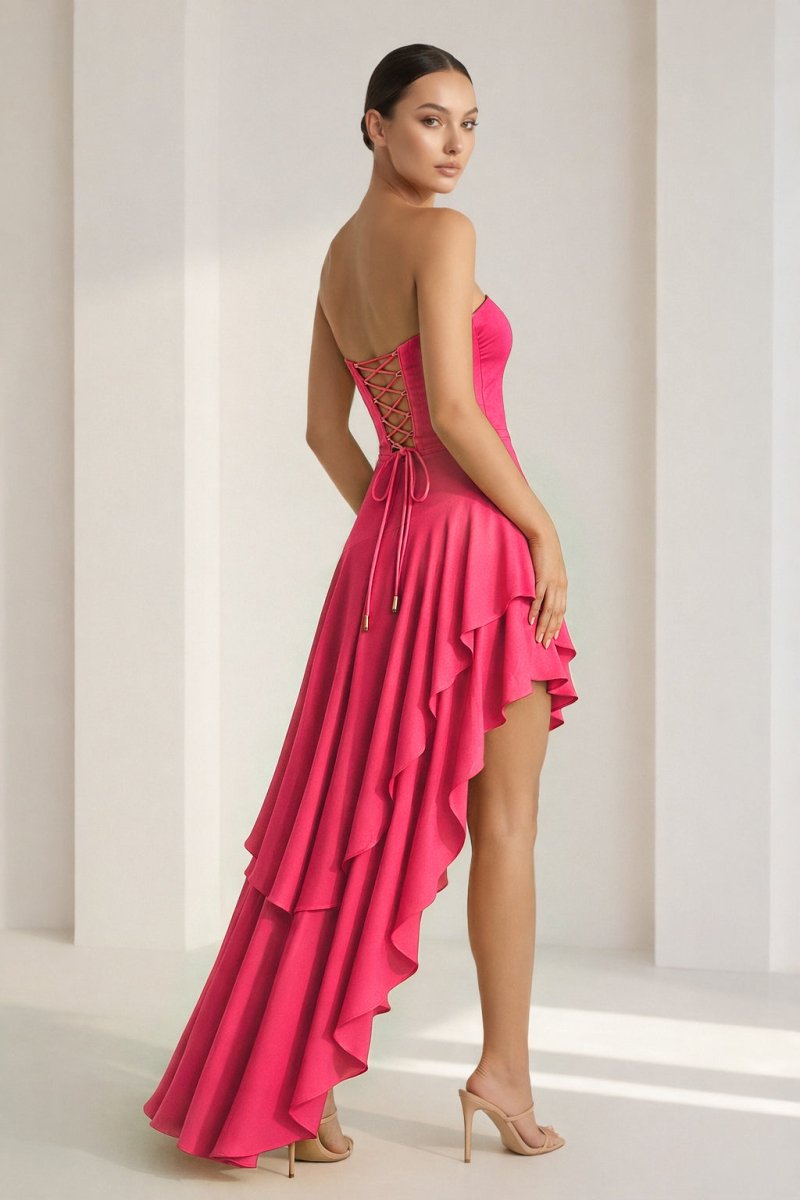Blue Sheath Strapless Spandex High Low Long Prom Dresses with Ruffles