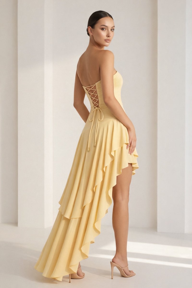 Blue Sheath Strapless Spandex High Low Long Prom Dresses with Ruffles