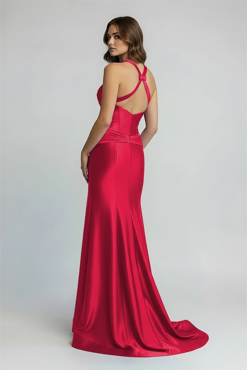 Green Satin Mermaid Slit Prom Dress with Criss Cross Neck